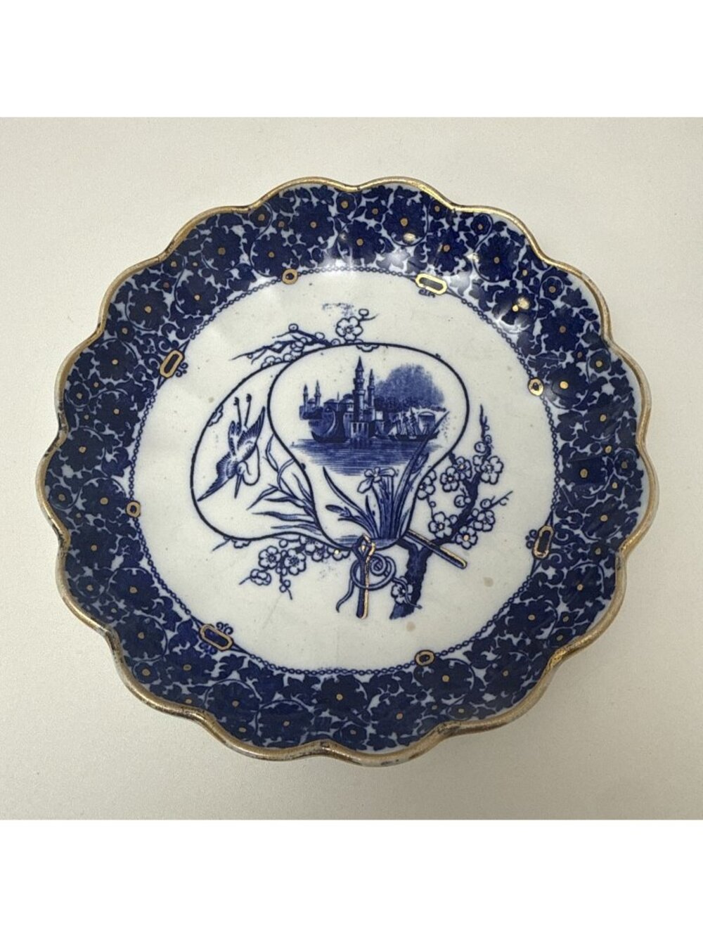 Antique Copeland Dish Blue White  Floral Castle  6.5” Candy Trinket English